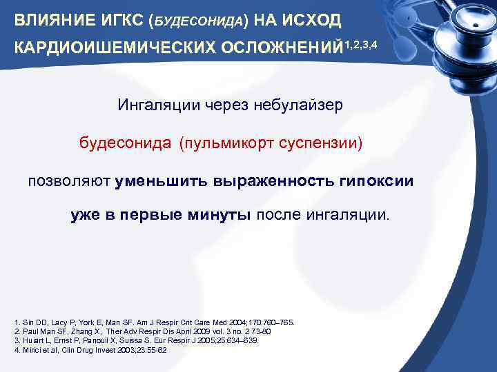 ВЛИЯНИЕ ИГКС (БУДЕСОНИДА) НА ИСХОД КАРДИОИШЕМИЧЕСКИХ ОСЛОЖНЕНИЙ 1, 2, 3, 4 Ингаляции через небулайзер