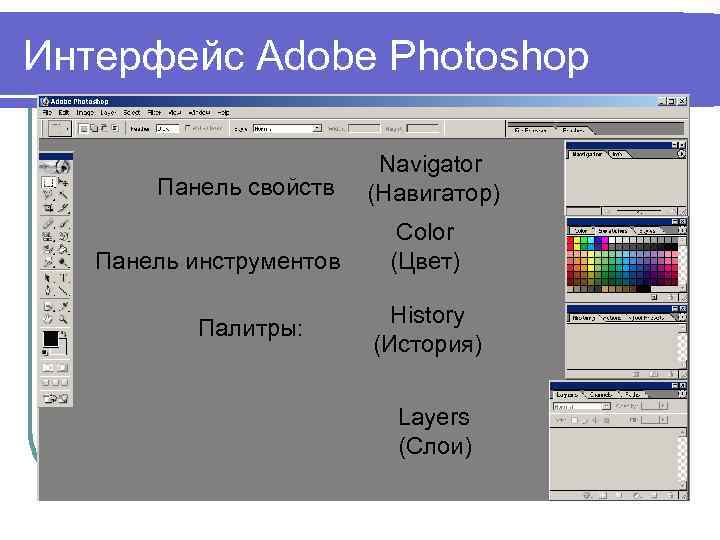 Интерфейс Adobe Photoshop Панель свойств Панель инструментов Палитры: Navigator (Навигатор) Color (Цвет) History (История)