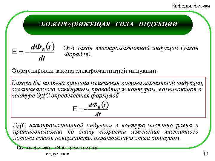 Кафедра физики ЭЛЕКТРОДВИЖУЩАЯ СИЛА ИНДУКЦИИ Это закон электромагнитной индукции (закон Фарадея). Формулировки закона электромагнитной