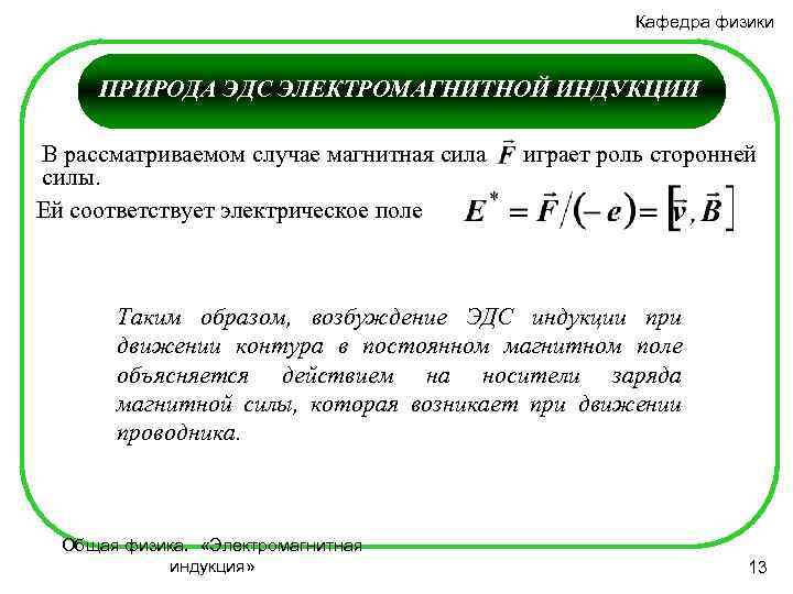 Кафедра физики ПРИРОДА ЭДС ЭЛЕКТРОМАГНИТНОЙ ИНДУКЦИИ В рассматриваемом случае магнитная сила силы. Ей соответствует