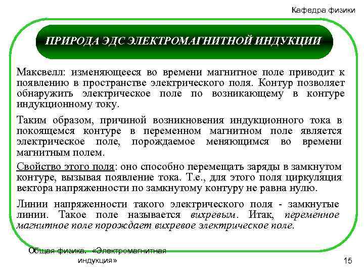 Кафедра физики ПРИРОДА ЭДС ЭЛЕКТРОМАГНИТНОЙ ИНДУКЦИИ Максвелл: изменяющееся во времени магнитное поле приводит к