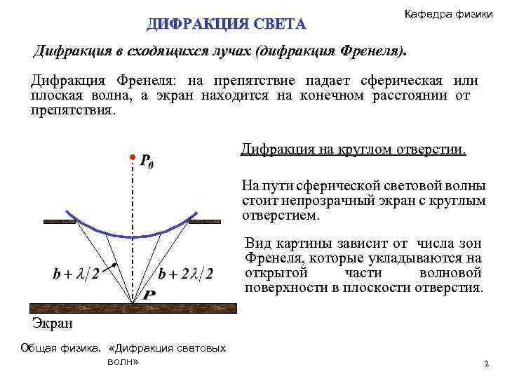 ДИФРАКЦИЯ СВЕТА Кафедра физики Дифракция в сходящихся лучах (дифракция Френеля). Дифракция Френеля: на препятствие