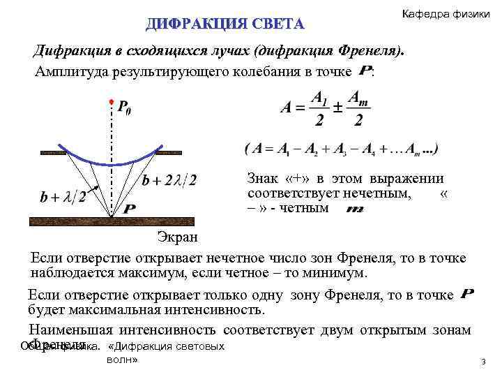 ДИФРАКЦИЯ СВЕТА Кафедра физики Дифракция в сходящихся лучах (дифракция Френеля). Амплитуда результирующего колебания в