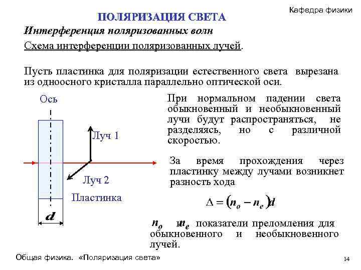 ПОЛЯРИЗАЦИЯ СВЕТА Интерференция поляризованных волн Схема интерференции поляризованных лучей. Кафедра физики Пусть пластинка для