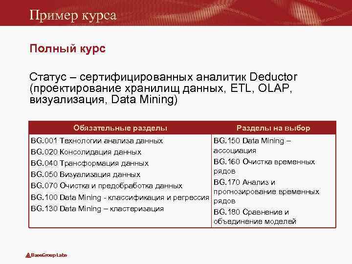 Пример курса Полный курс Статус – сертифицированных аналитик Deductor (проектирование хранилищ данных, ETL, OLAP,
