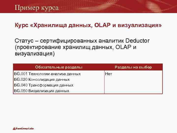 Пример курса Курс «Хранилища данных, OLAP и визуализация» Статус – сертифицированных аналитик Deductor (проектирование