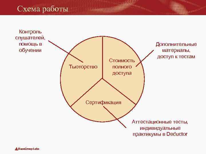 Схема работы Контроль слушателей, помощь в обучении Тьюторство Стоимость полного доступа Дополнительные материалы, доступ
