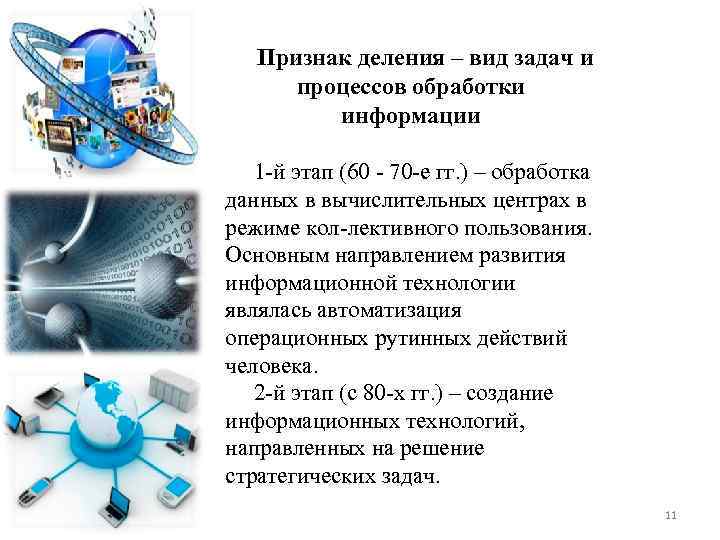 Признак деления – вид задач и процессов обработки информации 1 й этап (60 70