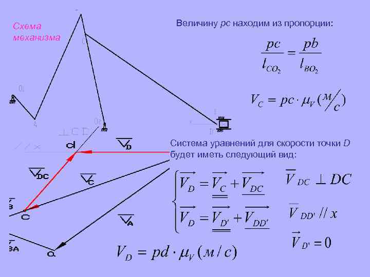 Схема механизма Величину рс находим из пропорции: Система уравнений для скорости точки D будет