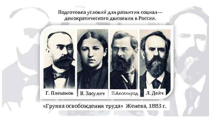 Подготовка условий для развития социал— демократического движения в России. Г. Плеханов В. Засулич П.