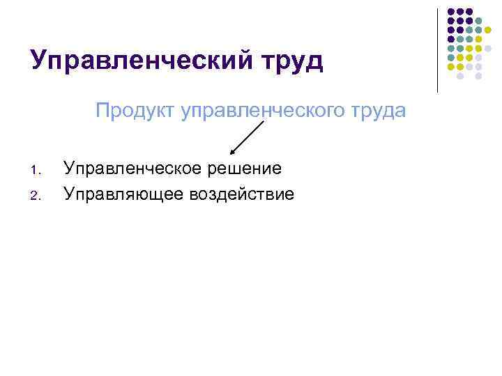 Управленческий труд Продукт управленческого труда 1. 2. Управленческое решение Управляющее воздействие 
