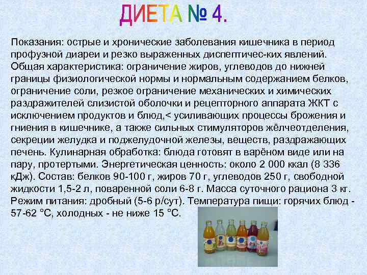 Показания: острые и хронические заболевания кишечника в период профузной диареи и резко выраженных диспептичес-ких