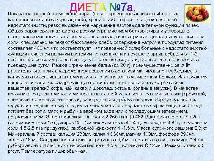 Показания: острый гломерулонефрит (после проведённых рисово-яблочных, картофельных или сахарных дней), хронический нефрит в стадии