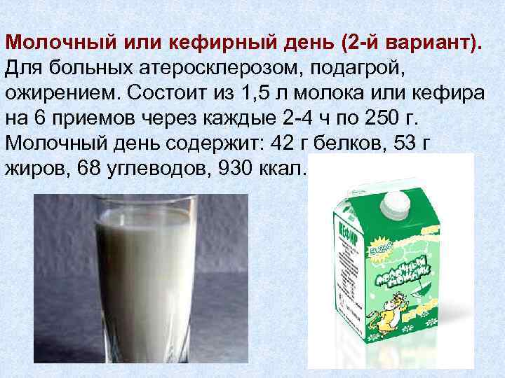 Молочный или кефирный день (2 -й вариант). Для больных атеросклерозом, подагрой, ожирением. Состоит из