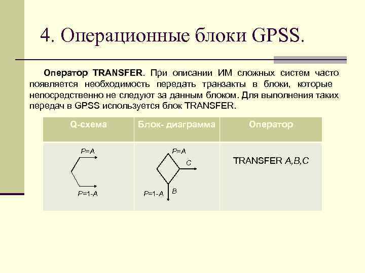 4. Операционные блоки GPSS. Оператор TRANSFER. При описании ИМ сложных систем часто появляется необходимость