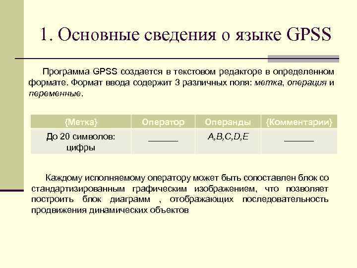 1. Основные сведения о языке GPSS Программа GPSS создается в текстовом редакторе в определенном