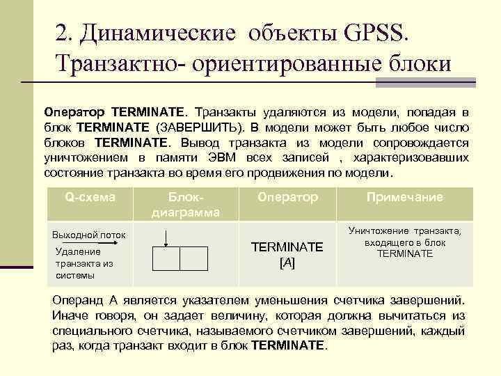 2. Динамические объекты GPSS. Транзактно- ориентированные блоки Оператор TERMINATE. Транзакты удаляются из модели, попадая