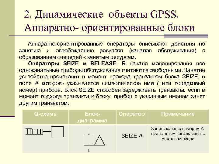 2. Динамические объекты GPSS. Аппаратно- ориентированные блоки Аппаратно-ориентированные операторы описывают действия по занятию и
