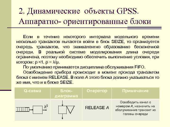2. Динамические объекты GPSS. Аппаратно- ориентированные блоки Если в течение некоторого интервала модельного времени