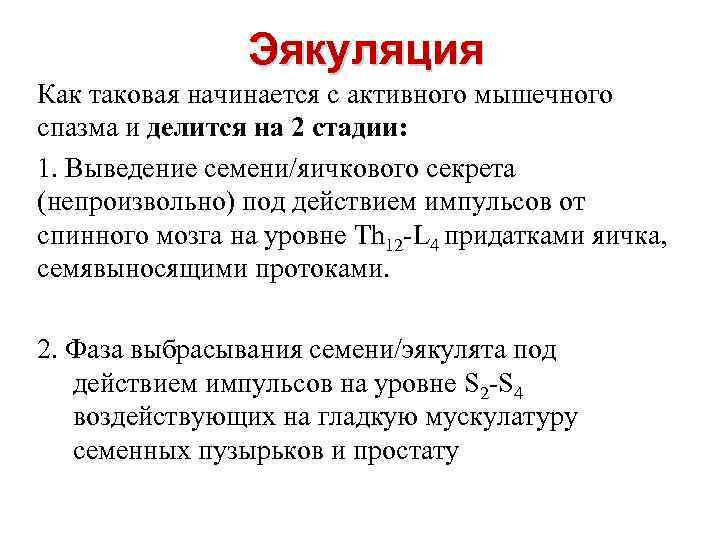 Эякуляция Как таковая начинается с активного мышечного спазма и делится на 2 стадии: 1.