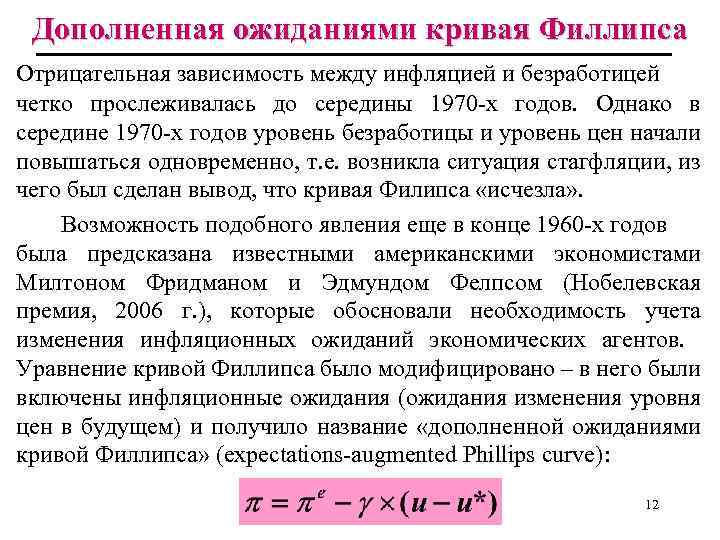 Дополненная ожиданиями кривая Филлипса Отрицательная зависимость между инфляцией и безработицей четко прослеживалась до середины