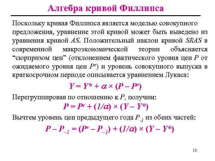 Алгебра кривой Филлипса Поскольку кривая Филлипса является моделью совокупного предложения, уравнение этой кривой может
