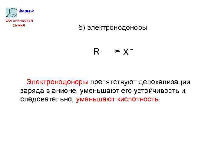 Фарм. Ф Органическая химия б) электронодоноры Электронодоноры препятствуют делокализации заряда в анионе, уменьшают его