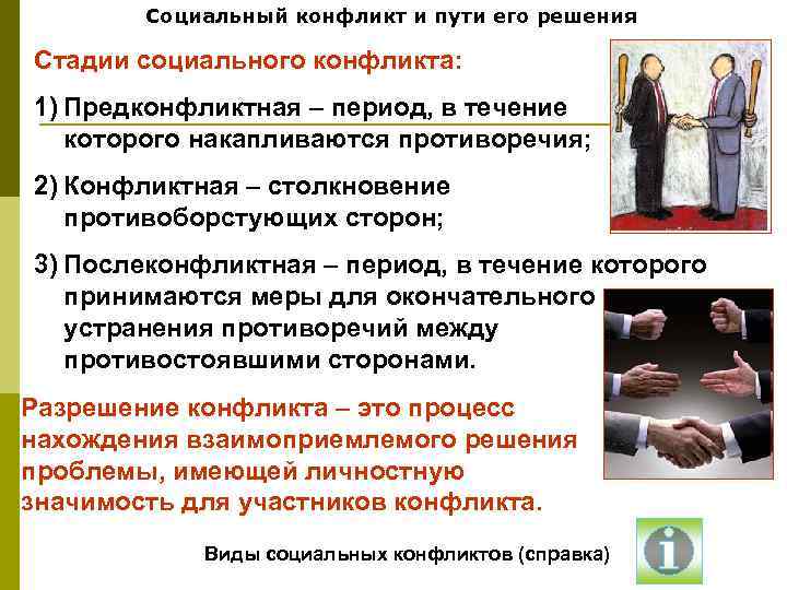 Социальный конфликт и пути его решения Стадии социального конфликта: 1) Предконфликтная – период, в