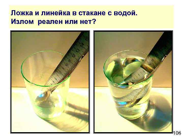 Ложка и линейка в стакане с водой. Излом реален или нет? 106 