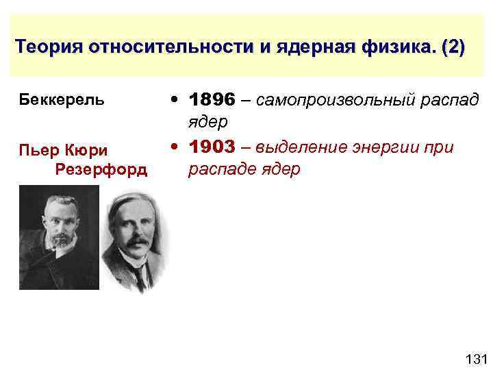 Теория относительности и ядерная физика. (2) Беккерель Пьер Кюри Резерфорд • 1896 – самопроизвольный