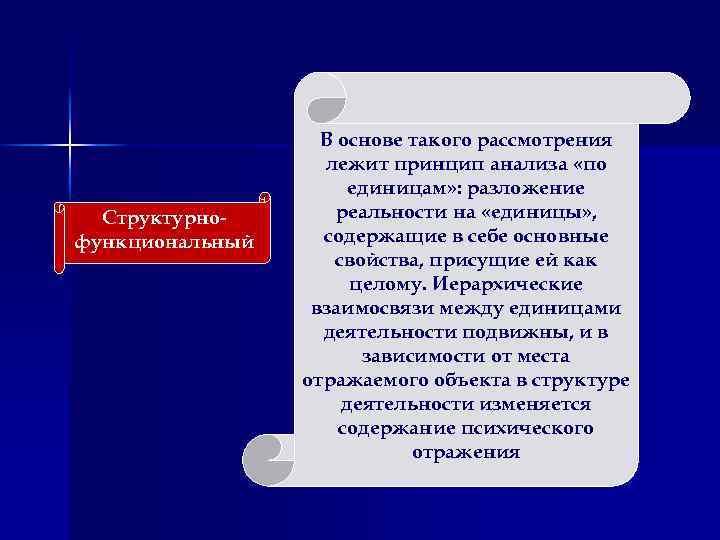 Структурнофункциональный В основе такого рассмотрения лежит принцип анализа «по единицам» : разложение реальности на