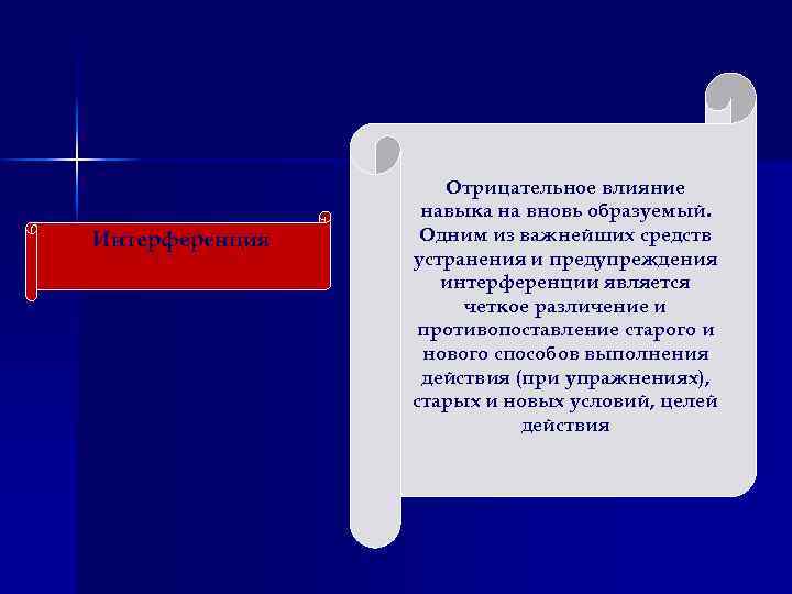  Интерференция Отрицательное влияние навыка на вновь образуемый. Одним из важнейших средств устранения и