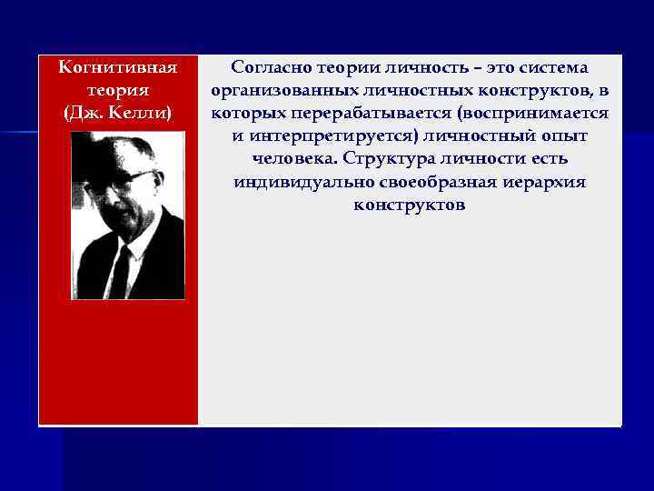 Когнитивная теория (Дж. Келли) Согласно теории личность – это система организованных личностных конструктов, в