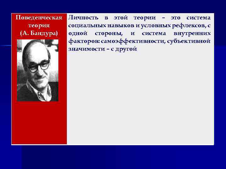 Поведенческая Личность в этой теории – это система теория социальных навыков и условных рефлексов,