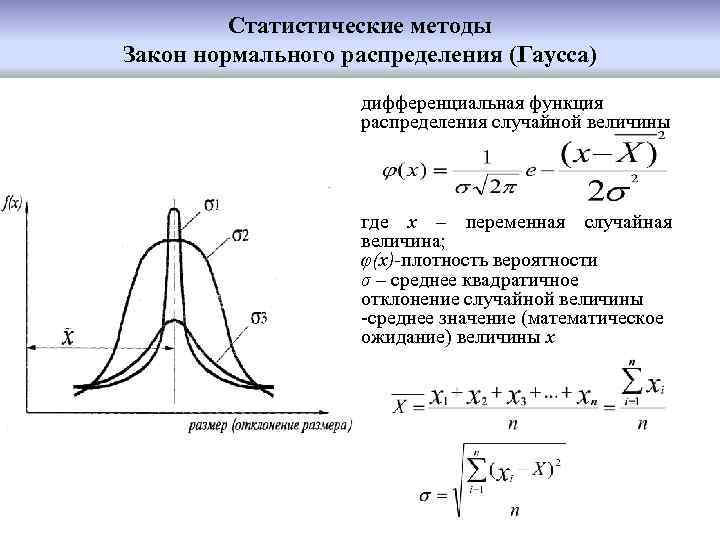 Статистические методы Закон нормального распределения (Гаусса) дифференциальная функция распределения случайной величины где х –