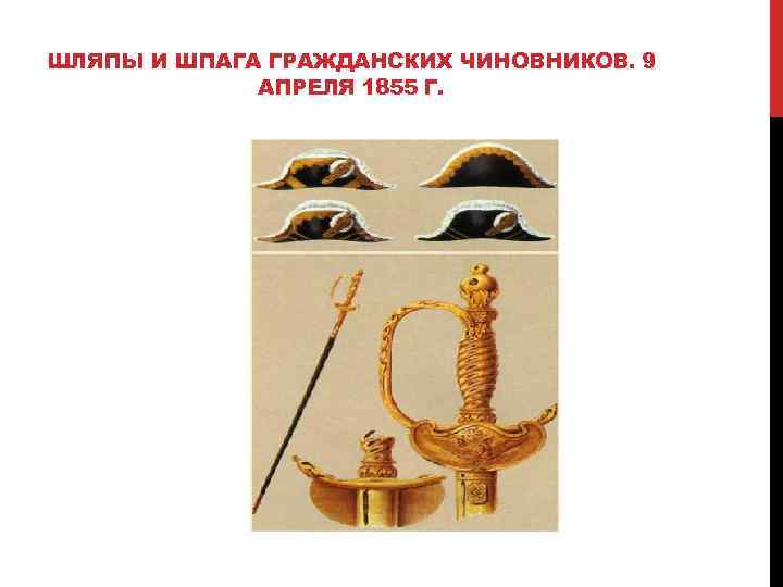 ШЛЯПЫ И ШПАГА ГРАЖДАНСКИХ ЧИНОВНИКОВ. 9 АПРЕЛЯ 1855 Г. 