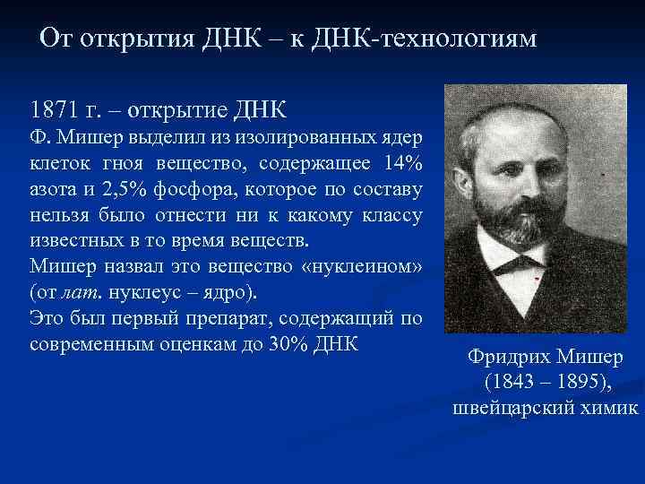 От открытия ДНК – к ДНК-технологиям 1871 г. – открытие ДНК Ф. Мишер выделил