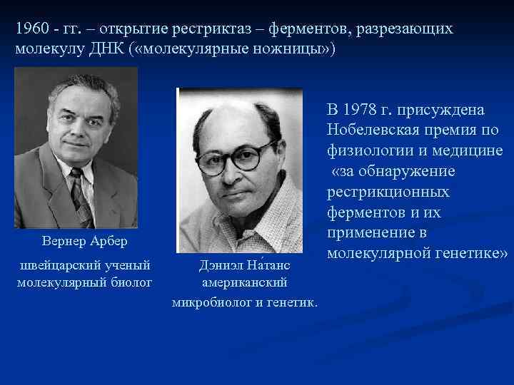 1960 - гг. – открытие рестриктаз – ферментов, разрезающих молекулу ДНК ( «молекулярные ножницы»