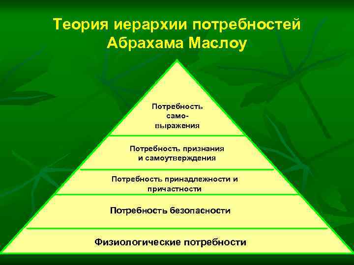 Теория иерархии потребностей Абрахама Маслоу Потребность самовыражения Потребность признания и самоутверждения Потребность принадлежности и