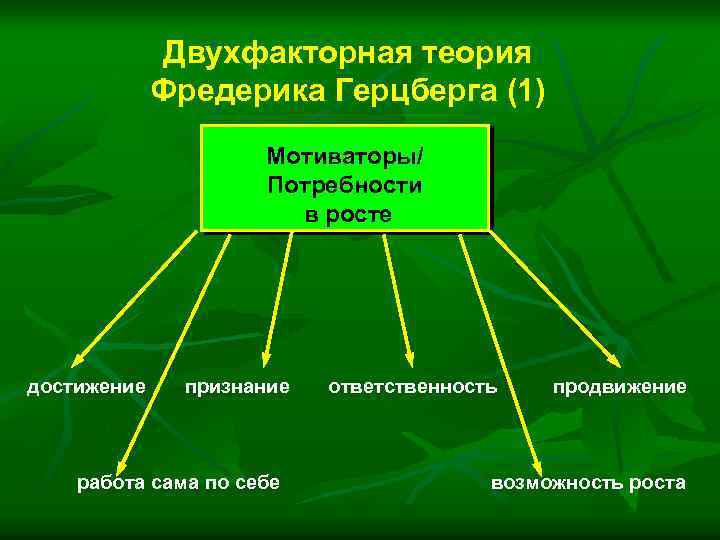 Двухфакторная теория Фредерика Герцберга (1) Мотиваторы/ Потребности в росте достижение признание работа сама по