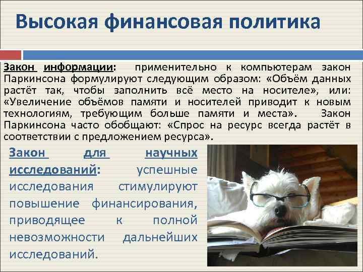 Высокая финансовая политика Закон информации: применительно к компьютерам закон Паркинсона формулируют следующим образом: «Объём