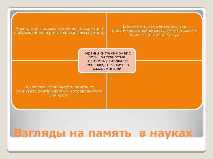 Физиологи: процесс хранения информации и образование нервных связей (ассоциаций) Биохимики: изменение состава рибонуклеиновой кислоты