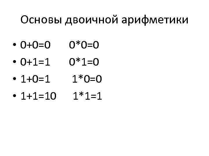 Основы двоичной арифметики • • 0+0=0 0+1=1 1+0=1 1+1=10 0*0=0 0*1=0 1*0=0 1*1=1 