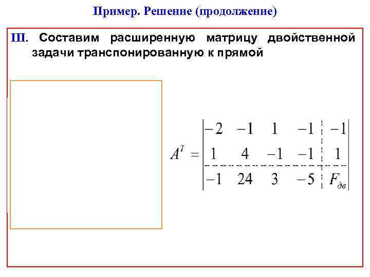 Пример. Решение (продолжение) III. Составим расширенную матрицу двойственной задачи транспонированную к прямой 