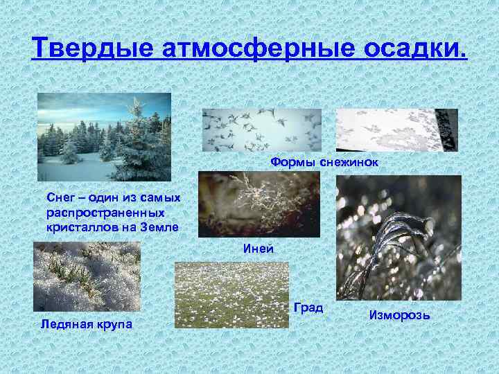 Твердые атмосферные осадки. Формы снежинок Снег – один из самых распространенных кристаллов на Земле
