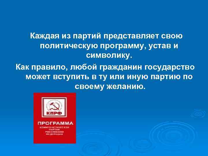  Каждая из партий представляет свою политическую программу, устав и символику. Как правило, любой