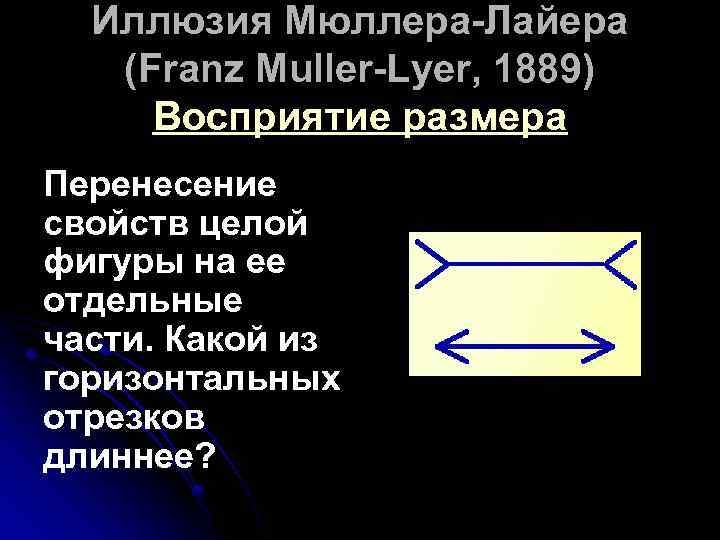 Иллюзия Мюллера-Лайера (Franz Muller-Lyer, 1889) Восприятие размера Перенесение свойств целой фигуры на ее отдельные