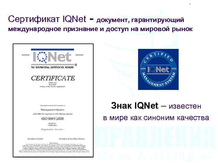 Сертификат IQNet - документ, гарантирующий международное признание и доступ на мировой рынок Знак IQNet