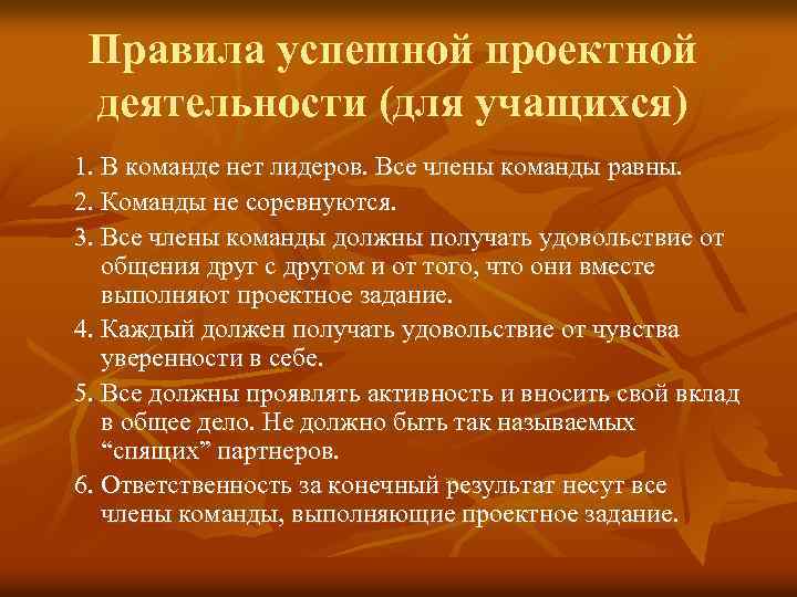 Правила успешной проектной деятельности (для учащихся) 1. В команде нет лидеров. Все члены команды