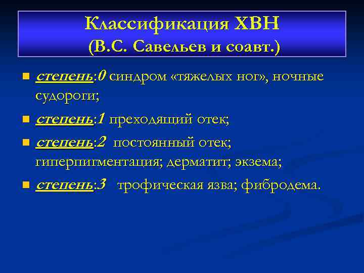 Классификация ХВН (В. С. Савельев и соавт. ) n степень : 0 синдром «тяжелых